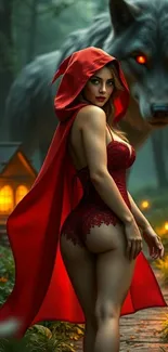 Fantasy art of a red-hooded woman in a mystical forest with a wolf.