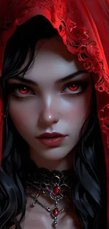 Fantasy red hooded character with captivating eyes.