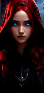 Red-hooded enchantress with blue eyes, fantasy art wallpaper.