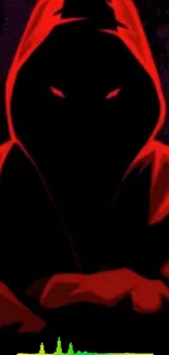 Mobile wallpaper of a mysterious red hooded figure on a dark background.