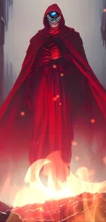 Mystical hooded figure in red with glowing eye, set against a dark background.