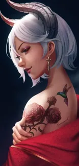 Fantasy artwork of a red-horned girl with a rose tattoo.