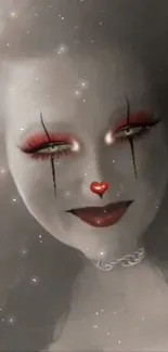 Mystical face with red makeup and starry background.