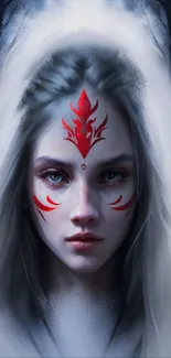 Mystical woman with red marks in a forest.