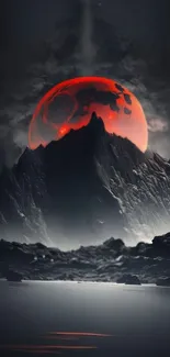 Mystical red moon over dark mountains with dramatic sky.