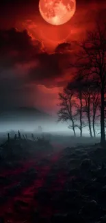 Eerie moonlit scene with red hues and trees under a mysterious sky.