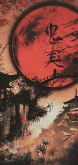 Enchanting red moon in Japanese landscape wallpaper.