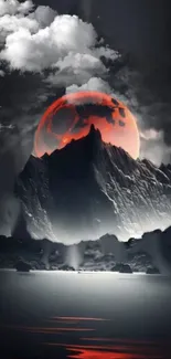 Red moon above mountains with reflection in water.