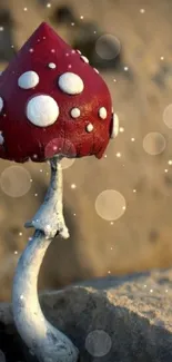 Vibrant red mushroom with white spots on a natural stone background.