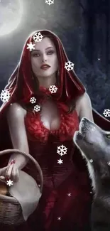 Red Riding Hood with wolf under moonlight in dark forest scene.