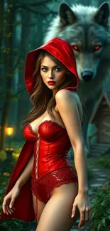 A woman in red with a wolf in a mystical forest.