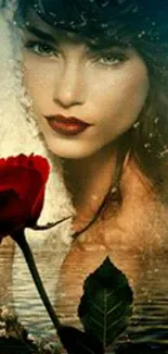 Mystical woman with a red rose and water reflection wallpaper.