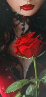 A mysterious figure holding a vibrant red rose against a dark background.