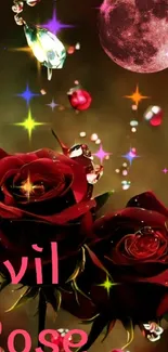 Dark red rose with mystical full moon on floral wallpaper.