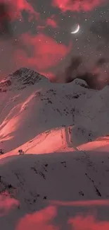 Snowy mountains under a mystical red sky at night.