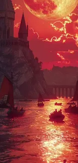 Mystical red sunset with boats and a glowing full moon.