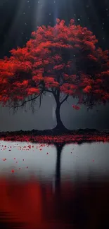A mystical red tree reflected on water under a starry night sky.