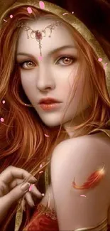 Enchanting redhead in fantasy art with glowing eyes and feathers.