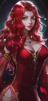 Fantasy artwork of mystical red-haired woman in elegant attire.