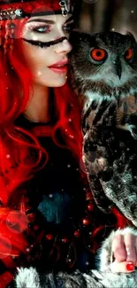 Mystical red-haired woman with owl in fantasy wallpaper.