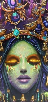 Colorful fantasy figure with golden eyes and a regal headdress.