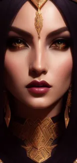 Regal portrait with golden accents and captivating gaze.