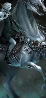 Mystical female rider in fantasy art on horse with skulls.