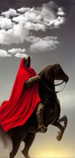 A knight in red cloak riding a horse against a cloudy sky.