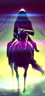 Mystical horse rider with neon glow on mobile wallpaper.