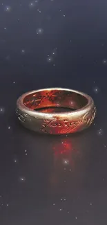 Golden ring with mystical engravings in a cosmic setting.