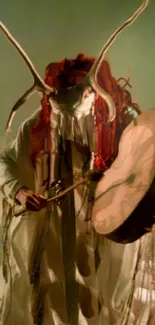 Mystical drummer in ritual attire with a large drum and forest backdrop.