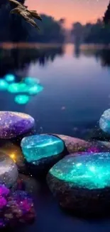 Mystical river with glowing stones and a vibrant twilight sky.