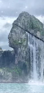 Rock formation with face shape and cascading waterfall in mystical setting.