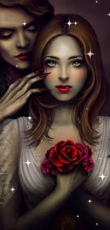 Romantic and mysterious gothic artwork of a couple holding a red rose.