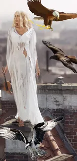 Woman in white dress on rooftop with birds soaring overhead.