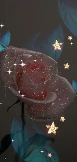 Mystical rose with butterflies and glitter on a dark background.