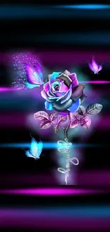 Black rose with purple butterflies on dark background.