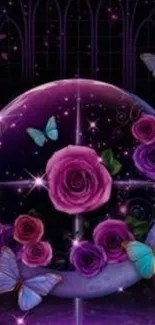 Mystical roses and butterflies under a starry galaxy in purple hues.