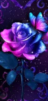 Mystical purple rose with butterfly on a galaxy background.