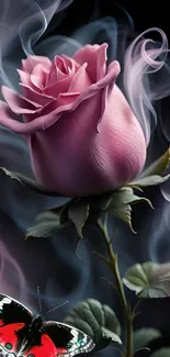 Pink rose with butterfly and smoke art