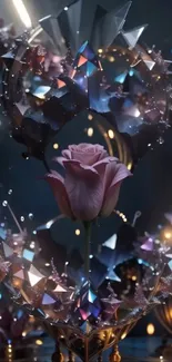 Fantasy mobile wallpaper with rose and crystals, glowing ambiance.