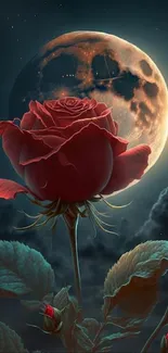 Enchanted red rose in moonlit sky wallpaper.