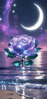 Moonlit mystical scene with a luminous rose over the ocean.