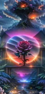 Fantasy wallpaper with glowing rose and enchanted landscape.