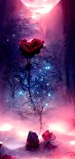 Mystical pink rose fantasy wallpaper with moonlight glow.