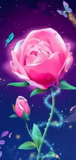 Pink rose and butterflies against a deep blue galaxy background.