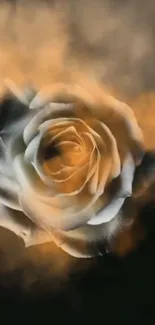 Mystical white rose with amber smoke on a dark background.