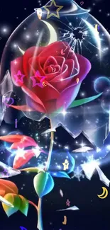 Vibrant rose in shattered glass dome with stars and cosmic elements.