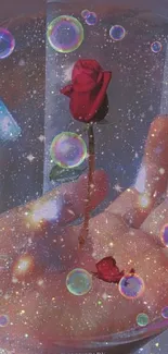 A mystical image of a rose within a bubble held in a hand with a cosmic background.