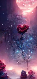 Mystical rose and moonlit scene wallpaper.